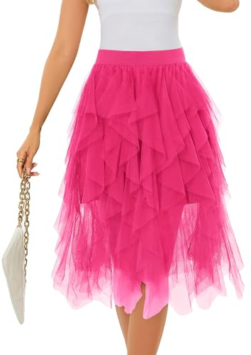 Lovasy Gonna Tulle Donna Midi Gonna tutù Irregolare Multistrato A-Line Vita Alta Elastica Gonne in Rete Elegante a 3 Strati per Carnevale Halloween Natale Party Prom