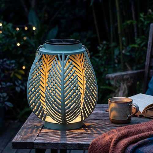 Elblight.de LED Solar Laterne Outdoor – Gartenleuchte mit COB LED Dämmerungssensor Metallgehäuse warmweiß Boho Gartenlampe (Farn-Blätter)