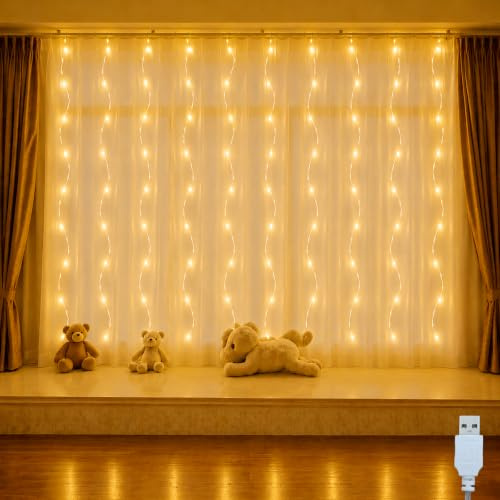 Yulmi Lichtervorhang Innen 2x1m 100 LEDs USB, Warmweiß | Leichte Lichterkette Vorhang, Mit 10 Haken, Für Studentenwohnheim WG Mietwohnung, Schlafzimmer Balkon