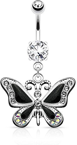 beyoutifulthings Bauch-nabelpiercing Set 1,6mm 10mm Schmetterling 15,7mm x 19,9mm Nabel-Piercing Chirurgenstahl Bananabell Zirkonia Silber