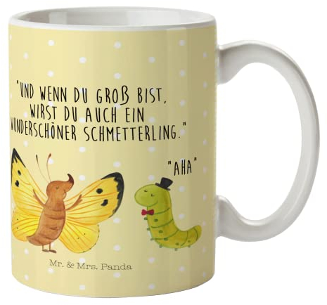 Mr. & Mrs. Panda Kindertasse Raupe Schmetterling - Geschenk, Bruchsicher, Lustige Sprüche, Kinderbecher Mit Deckel, Kindergeburtstag, Hut, Trinklernbecher, Kokon, Entwicklung, Schönheit