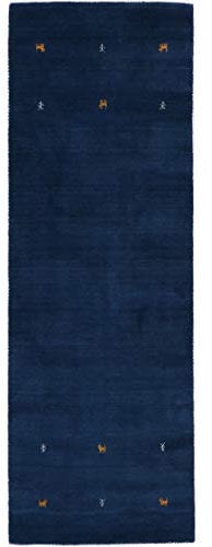 carpetfine Wollteppich Gabbeh Uni Läufer Blau 80x350 cm | Moderner Teppich für Wohn- und Schlafzimmer