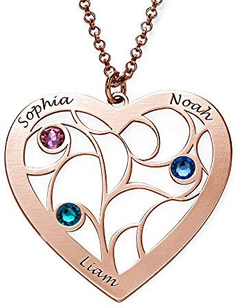 MYKA - Collana a Cuore con Albero della Vita e pietre portafortuna personalizzata - Regalo per mamma (Argento 925 Placcato Oro Rosa 18K)