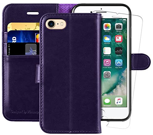 MONASAY iPhone SE 2022/2020 5G Case,iPhone 8 Wallet Case, iPhone 7 Case,4.7-inch, [Glass Screen Protector] Flip Folio Leather Cell Phone Cover with Credit Card Holder for Apple 7/8/SE2/SE3,Purple