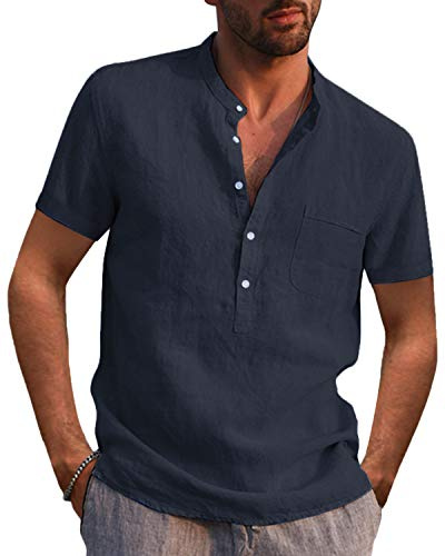 AUDATE Herren Leinen-Baumwoll-Hemd, Kurzarm Henley Shirt, Regular Fit, atmungsaktiv, Sommer Freizeit, Armeegrün