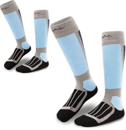 gipfelsport Chaussettes de ski en laine mérinos, hauteur genou – Taille 24–27, Gris, Lot de 2 paires – Homme, Femme, Enfant – chaudes et rembourrées pour ski et snowboard