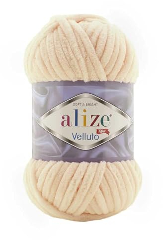 Alize 5 x 100 g Velluto Wolle 500 Gramm super Bulky Chenillegarn,Kuschelweich 100g, Kissen Babydecke etc (apricot hell 310)