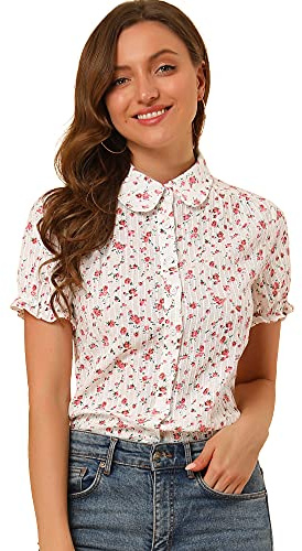 Allegra K Women's Short Sleeve Button-Up Peter Pan Collar Blouse, Pink Floral, S