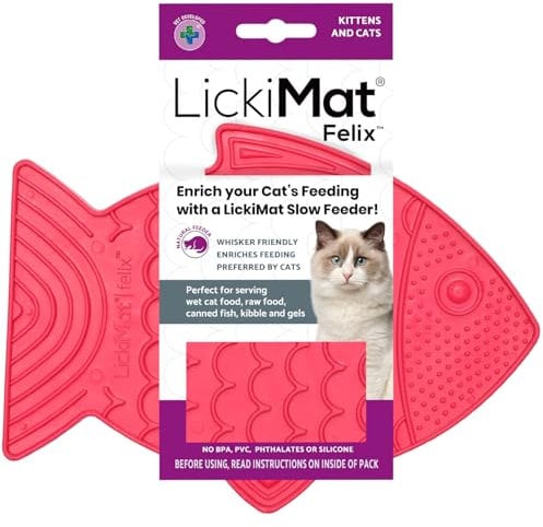 LickiMat Felix, Fish-Shaped Cat Slow Feeders for Feline Boredom and Anxiety Reduction; Perfect for Food, Treats and Anxiety Reduction, Pink
