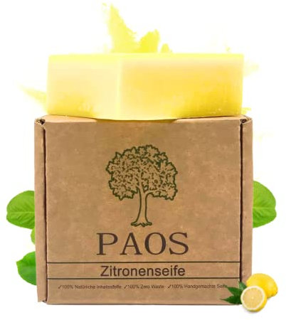 PAOS Zitronen Seife, ca.150g, Akne Seife, Haarseife, Naturseife, Vegan, Naturkosmetik, Vegan, Naturkosmetik, ohne chemische Zusätze empfohlen bei Akne, Pickel, Mitesser, Pilzen