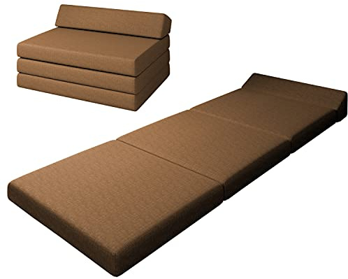 sunnypillow Klappmatratze mt Kopfteil 80x220x10, Braun 4-tei Faltmatratze | mit abnehmbarem Bezug, Schaumstoff extra dick 10cm, Matratze klappbar Gästematratze Reisematratze