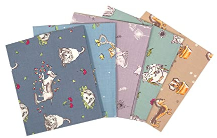 The Craft Cotton Co Pets by Debbie Shore Fat Quarters Bundle – 100 % Bio-Stoff (ideal zum Basteln, Quilten, Wimpelkette, Kissenbezüge), Vintage-Blau, Flieder, Grün, Blau, Beige, 5 Stück