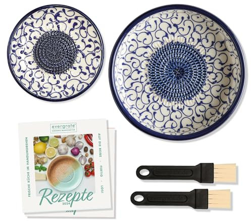 evergrate Geniales Duo: Tellerreibe + Dipschale Motiv Celia mit 2 Küchenpinsel und 2 Rezepthefte