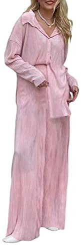 shownicer Damen 2 Stück Casual Outfits Revers Langarm Button Down Shirt Hohe Taille Lange Hosen Loungewear Streetwear Anzüge Weites Plissee Bein Hosenanzüge Zweiteiler A Rosa S