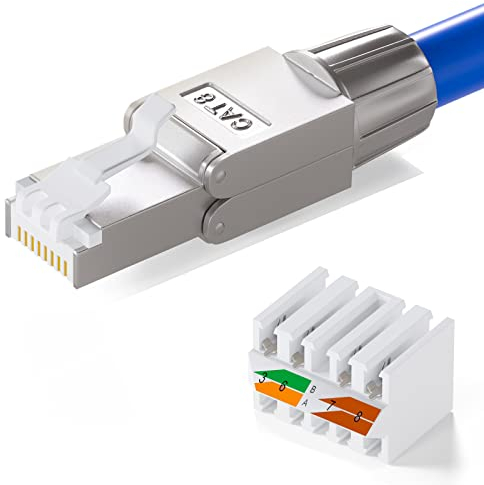 hb-digital 1x CAT.8 RJ-45 Netzwerkstecker auf Schneidklemme (LSA) inkl. Montageanleitung vergoldete Kontakte LAN Gigabit Connector werkzeuglos Crimpen für Verlegekabel CAT8 CAT7 CAT6a Internet STP