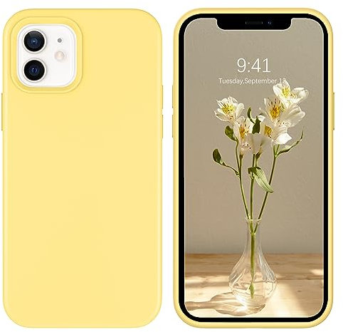 DOMAVER Coque iPhone 12/12 Pro Silicone Liquide Fine Étui Rigide Antichoc Protection iPhone 12 Case avec Douce Microfibre Doublure AntiRayure Slim Housse Téléphone iPhone 12 Pro 6.1, Jaune