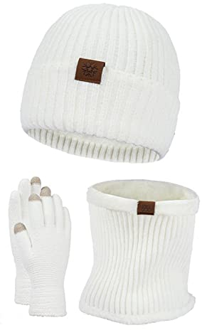 Mutze Schal Set Damen Rosa, Mütze Schal Handschuh Herren Winter Set, 3-in-1 Stricken Wintermütze Beanie Schal und Handschuhe Touchscreen, Winter Schal und Mütze Thermo Handschuhe Geschenkset
