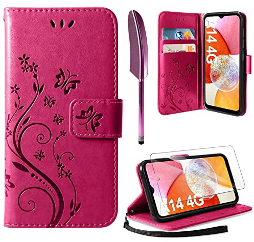 AROYI Coque Compatible avec Samsung Galaxy A14 4G / 5G, Retro Design PU Etui Housse en Cuir Portefeuille de Protection Fonction Stand Video Porte Carte Credit Ticket Flip Case Rose Rouge