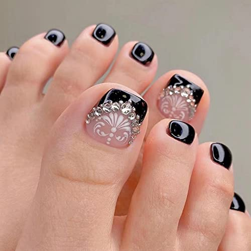 AKOFIC 24 Pcs False Toenails Short, French Acrylic Press on Toenails Stylish Glossy Fake Toe Nails Set with Jelly Glue, Full Cover Stick on Toenails for Women Nail Art Manicure Decoration