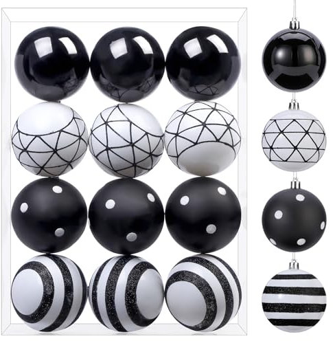 SHareconn 12 palline per albero di Natale, 8 cm, palline in plastica colorata infrangibile, decorazioni per albero di Natale, festività e matrimoni (bianco e nero, 80 mm)