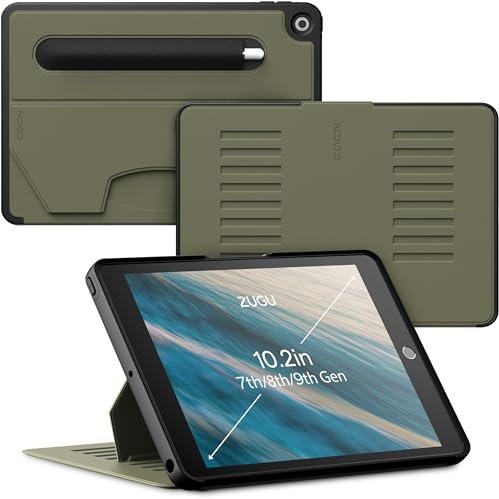 ZUGU iPad 10.2 Hülle 2021/2020 / 2019, schlanke Schutzhülle für die iPad9/8/7, 8 Winkel-Ständer magnetisch, Stifthalter, Auto Sleep/Wake UP [ Olivgrün ]