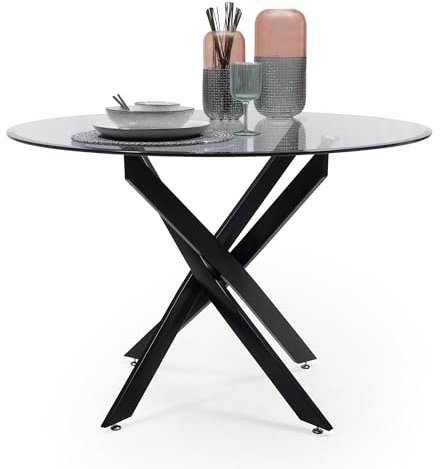 Homely - Mesa de Comedor Redonda Black Dalila, Cristal Templado de 110 cm de diámetro, Estructura metálica en Acabado Color Negro, de 110x73 cm