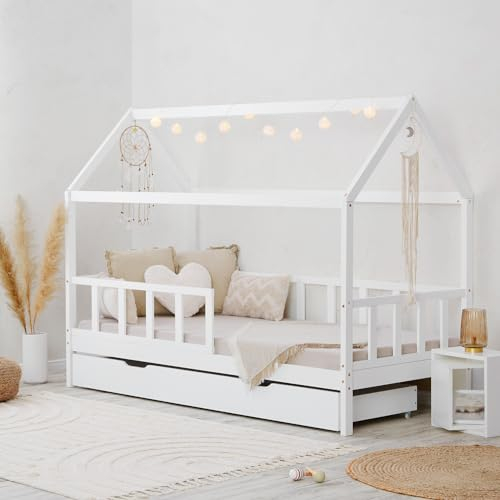 Homestyle4u 2522, Kinderbett 90x200 mit Rausfallschutz Bettkasten Lattenrost Bodenbett Hausbett Weiß Holz Kiefer