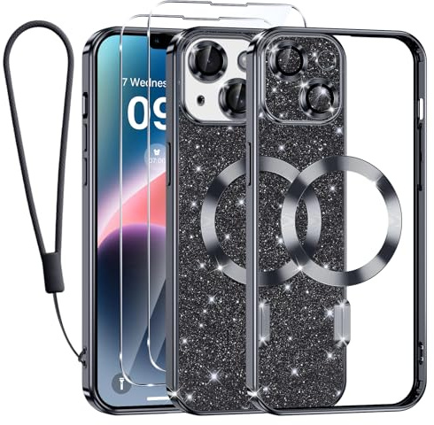 Kokio für iPhone 14 Hülle Mit Glitzer Karte,[Kompatibel mit MagSafe],Mit 2*Schutzfolie und 1*Handykette,Kamera Objektivschutz,iPhone 14 6.1 Flash Handyhülle für Frauen Mädchen,Schwarz