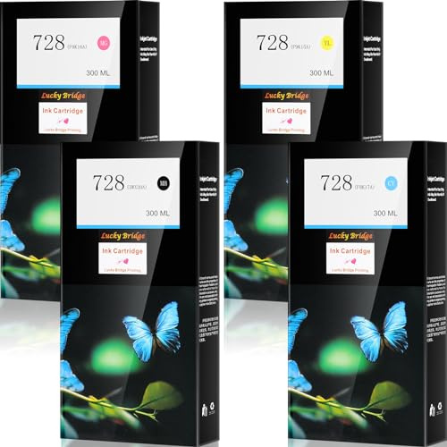 Lucky Bridge 728 300 ml x 4 Stück Tintenpatronen 3WX30A / F9K15A / F9K16A / F9K17A Matt Schwarz Gelb Cyan Magenta Kompatibler Ersatz für HP DesignJet T730 T830 Drucker (4 Stück, 1200 ml)