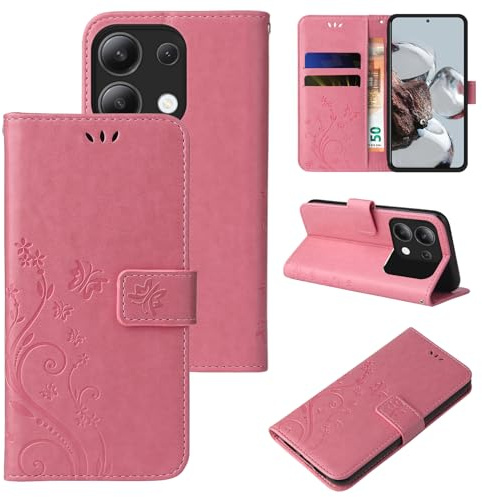 LBH Handy Hülle für Xiaomi Redmi Note 13 Case Handytasche Schmetterling Blumen Flower Standfunktion Schutzhülle Magnet Rundum Schutz 360 Grad Flipcase Cover Rosegold