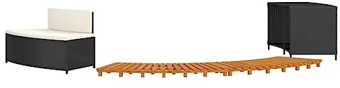 Willood Whirlpool Umrandung halbrund Schwarz Poly Rattan und Massivholz Akazie Bank + Ablage + 2X Treppe