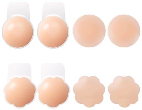 Silicone Nipple Covers Reusable Nipples Pasties Adhesive Flower Nipple Pads Cover Invisible Breast Petals Chest Stickers for Women and Men Backless Dress Strapless Outfits (Pink-4 pairs, Flower,Round)