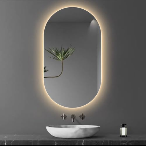 LED Ovaler Spiegel, Badspiegel Mit Beleuchtung, 40x70cm|40x80cm|50x80cm|60x90cm, Wandspiegel, Beleuchteter Kosmetikspiegel, 3 Farben Dimmbare Beleuchtung, Smart Switch Makeu(Size:40X70CM,Color:Stil A)