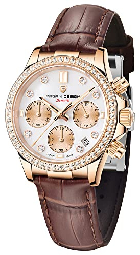 Pagani Design Luxus Damen Quarzuhr Diamanten Japanisches Uhrwerk Synthetischer Saphir Edelstahl Lederband Wasserdicht Multifunktions Chronograph Uhren