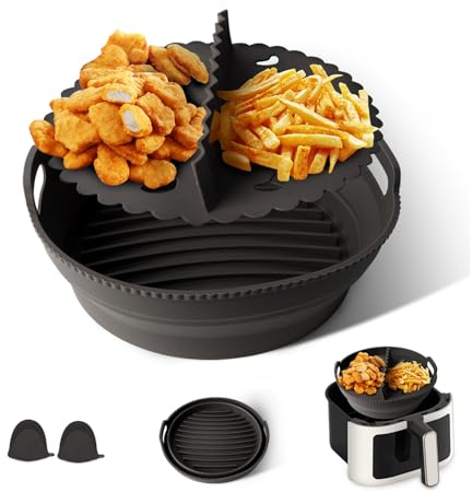 QKTYB Silicone Air Fryer Liners with Divider Mitts, Round Air Fryer Accessories for COSORI 5.5L Reusable Collapsible Non-Stick Air Fryer Basket for Ninja Speedi ON400UK for Tefal EasyFry 6.5L
