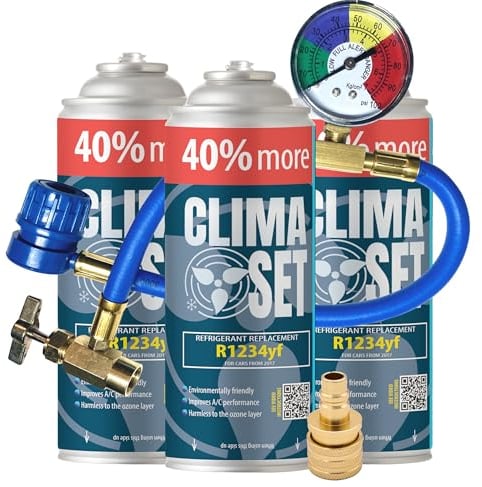 ClimaSet Recharge clim R1234yf - gaz clim r1234yf - 3x235 g avec Tuyau, Manomètre et Adaptateur HP/LP - Climatisation - Climatiseur voiture - Recharge climatisation voiture - ECO
