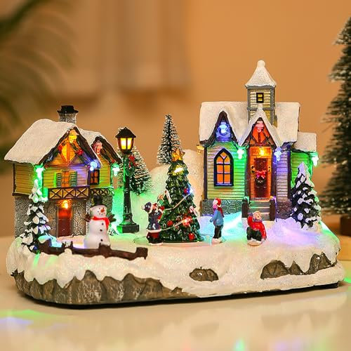 CHANGLKJ Village De Maisons De Neige De Noël, Maison De Neige De Noël avec Musique, Arbre De Noël Lumineux Et 3 Enfants en Mouvement, Alimenté par USB/Piles, pour Cadeau De Noël, Décoration De Table