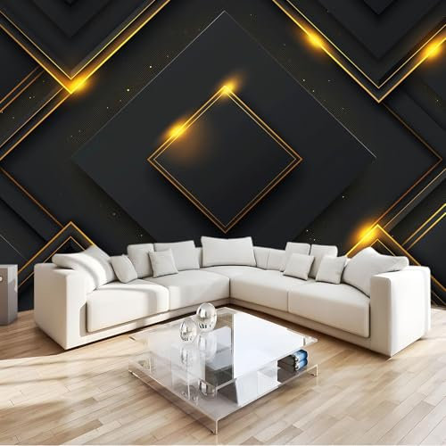 Fototapete Goldene Linien Geometrie Schwarz 350x256 cm Vlies Tapete 3D Effekt Moderne Wandtapete Dekoration, für Wohnzimmer Schlafzimmer TV-Hintergrund Wanddeko Wallpaper