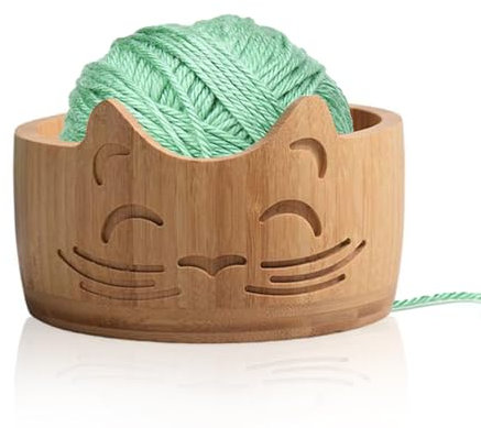 Holzsammlung Hilo de Madera Cuenco, 17 cm Soporte para Ovillos de Lana con Agujero Grabado en Espiral, Multifuncional Organizador de Almacenamiento de Hilo, Cuenco de Almacenamiento de Lana para Tejer
