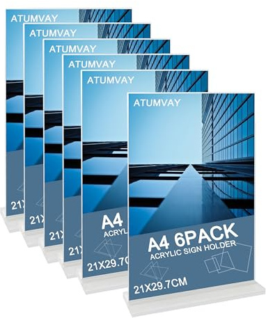 Atumvay A4 Acrylic Sign Holder 6pack T-Shape Table Sign Menu Display Stand | Clear Double-Side Perspex Material,Poster Flyer Holder,Picture Paper Frame,for Store Restaurant Fair Counter Retail Signage