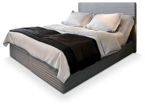Masseno Boxspringbett MILARA 160x200 cm Komplett-Set mit Matratze und Topper, Polsterbett mit Zwei Bettkästen -Hellgrau, TILIA 86