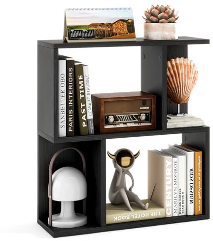 SFAREST 3-Tier Bookshelf, Wooden S-Shaped Display Shelf with 4 Compartments, Freestanding Storage Cabinet Shelving Unit Open Cube Bookcase for Living Room Home Office (Black, 50 x 18 x 56 cm)