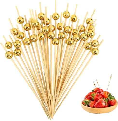 100 Stück Cocktailspieße mit Gold Perle,12cm Fingerfood Spieße,Holz Spiesse für Snacks Fingerfood,Interessant Obstspieße,Gold Kugel Dekorationen Käsespieße,für Fingerfood,Obst,Vorspeisen