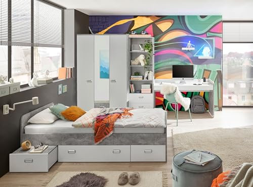 M Möbel-Direkt Deutschlands schnelle Möbel Jugendzimmer Matino in Beton hell und Weiß 4 teiliges Kinderzimmer Komplett Set mit Kleiderschrank, Jugendbett, Schreibtisch und Standregal