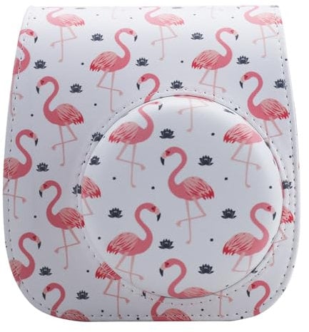 QICNMFA Schutzhülle Kompatibel mit Fujifilm Instax Mini 12 11 9 8 8+ Sofortbildkamera, PU-Leder Kameratasche mit Tasche und verstellbarem Schultergurt, Rosa Flamingo, Kameratasche
