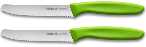 Ruffulon Schneidemesser Set 2 tlg,Jausenmesser Wellenschliff,Klein Messer | Grün,11cm Edelstahl,Kunststoffgriff Tomatenmesser,Frühstücksmesser Spülmaschinenfest,für Esszimmer,Küche,Geschenke