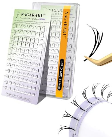 NAGARAKU Premade 4D Y Manga Wimpern 96 Fans Vorgefertigt 0.07 D 8-15mm | Einteilige Dünne Fächer Mit Flacher Basis, Federleicht Formstabil Für Comic Manga Looks Ohne Rückfedern Einfaches Anbringen
