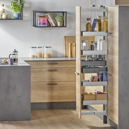 SOTECH Dispensa-X Apothekerauszug Silbergrau 300 mm Tragkraft 100 kg | 1200-1600 mm SoftstopPlus Clickfixx und 4 ARENA Pure Einhängetablare mit dunkelgrauem Boden für breite Schränke Kesseböhmer