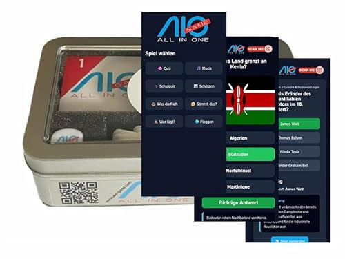 AIO GAME ALL IN ONE Karten- & Quizspiel mit KI | 120 Karten, 30 Joker, 2 Würfel | Gesellschaftsspiel ab 14 Jahren | Ohne App & Anmeldung