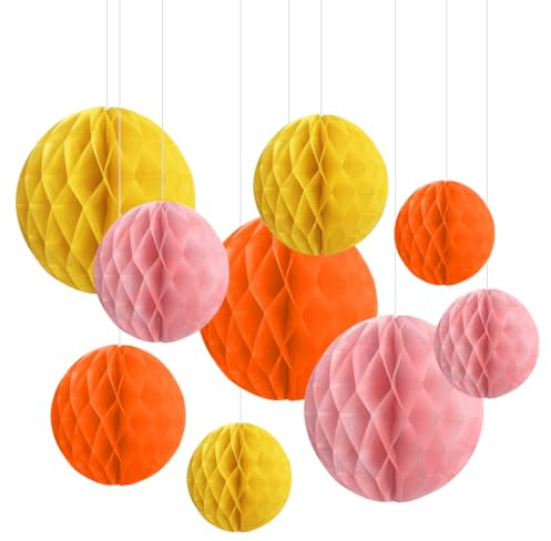 YIPFEN 9 PCS Boules en Papier Alvéolé Suspendues pour Décorations de Fête (15 cm, 20 cm, 25 cm) (Orange, Rose)